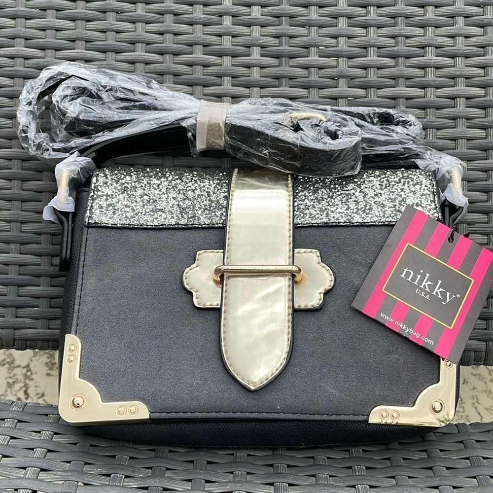 Nikky by Nicole Lee Black Vegan Leather Mini Bag with Silver Glitter & Gold Trim